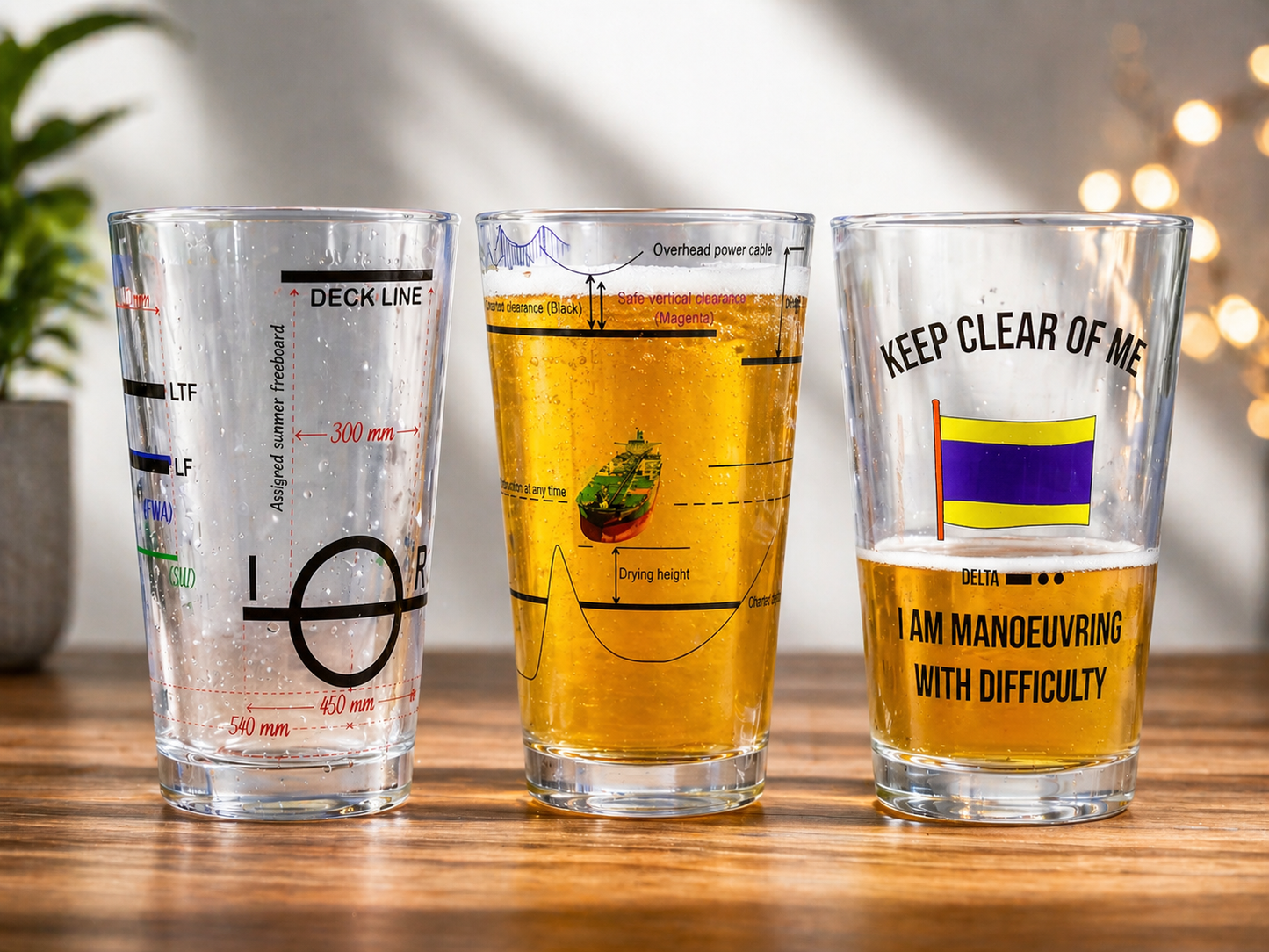 Nautical Beer Pint Glass Set (Pack of 3) – LoadLine, Charted Depth Design & Delta Flag Signal Glasses