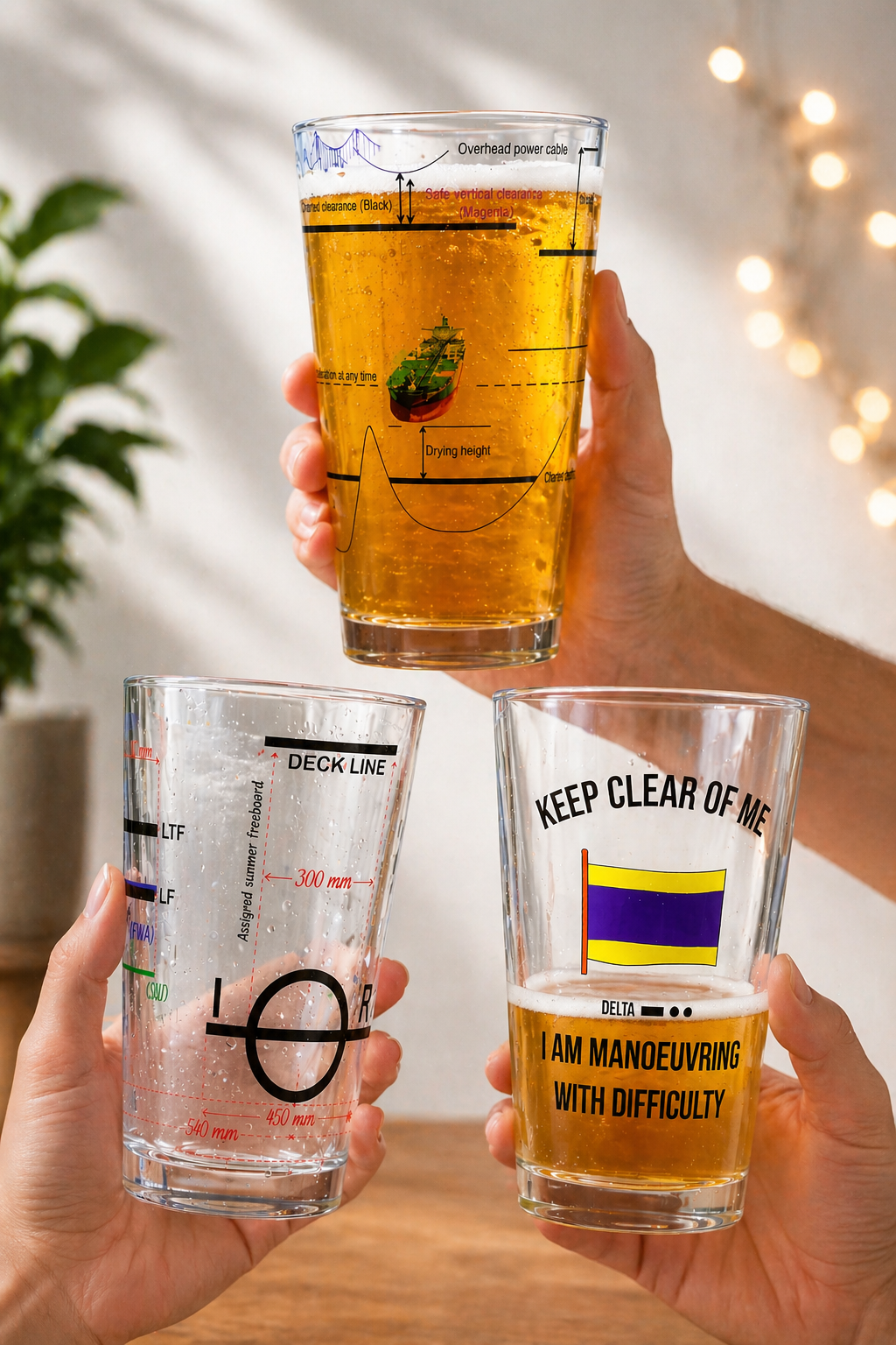 Nautical Beer Pint Glass Set (Pack of 3) – LoadLine, Charted Depth Design & Delta Flag Signal Glasses